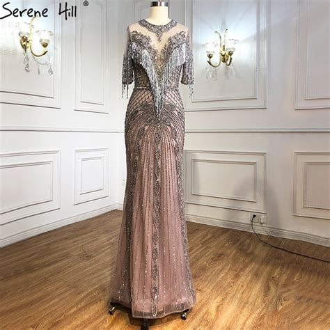 Serene Hill Luxury Grey Mermaid Evening Dresses Gowns 2021 Half Sleeves