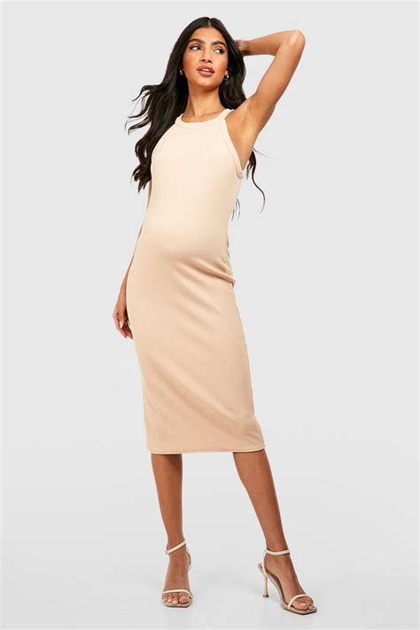 Maternity Crinkle Rib Racer Bodycon Dress Boohoo Uk