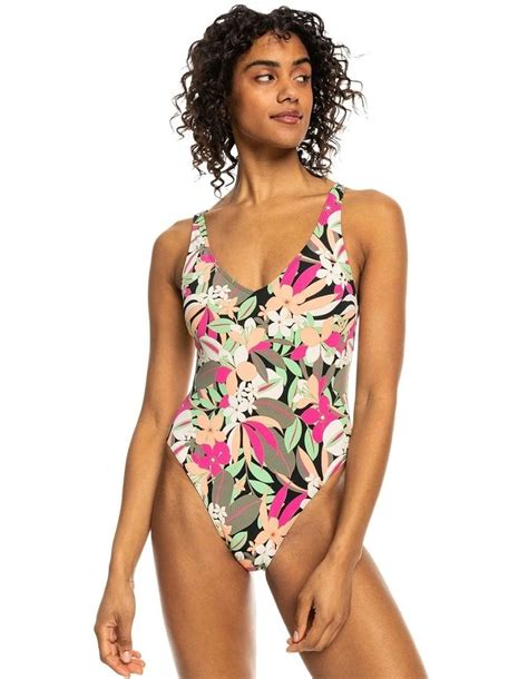 Roxy Printed Beach Classics High Leg One Piece Swimsuit In Anthracite