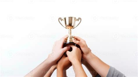 Hands Of The Winning Team Holding A Golden Trophy Cup Against White