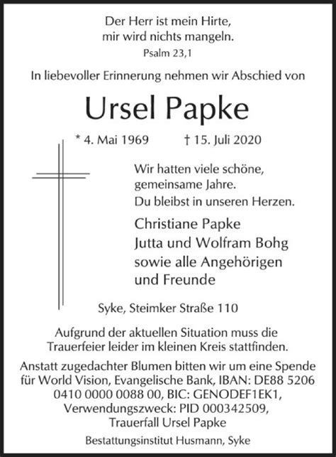 Traueranzeigen Von Ursel Papke Trauer Kreiszeitung De