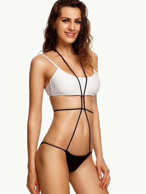 Contrast Halter Neck Caged Monokini Sheinsheinside