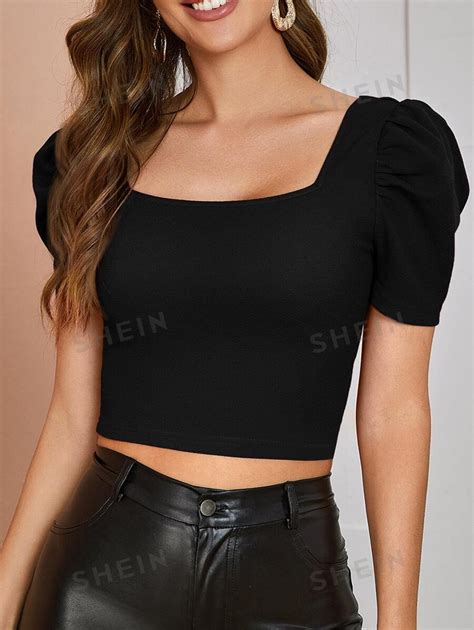 Shein Priv Top Corto Unicolor De Manga Farol Moda De Mujer Shein