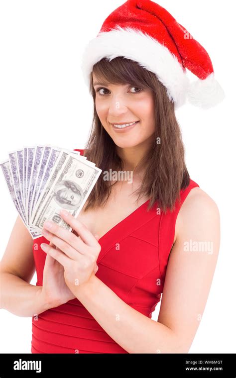 Festive Brunette In Red Dress Showing Her Cash On White Background Stock Photo Alamy