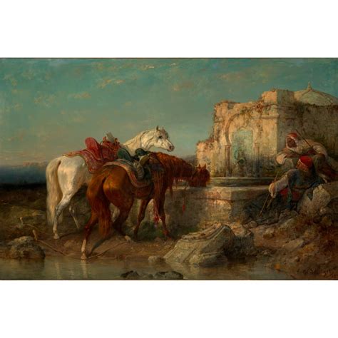 Arab Horsemen At A Well Large Orientalist Painting By Schreyer