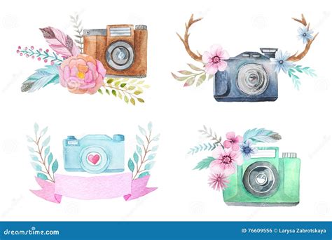 Watercolor Camera Logo Templates With Flowers Stock Illustration