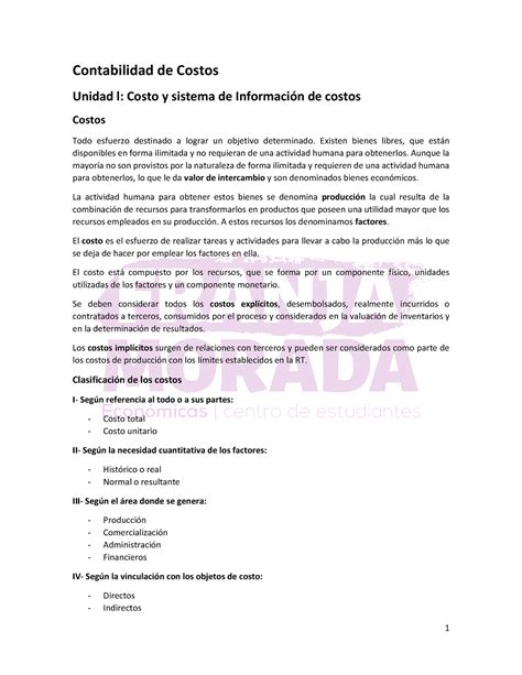 Contabilidad De Costos Resumen Contabilidad De Costos Unidad L Costo