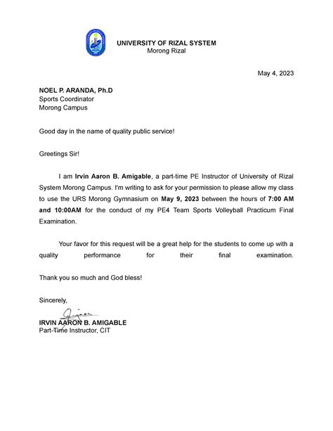 Request Letter For Gym University Of Rizal System Morong Rizal May