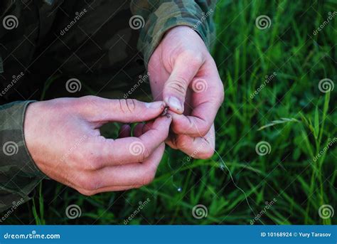 Fisherman Holds A Hook And Worm Rain Stock Photo Image Of Fisherman