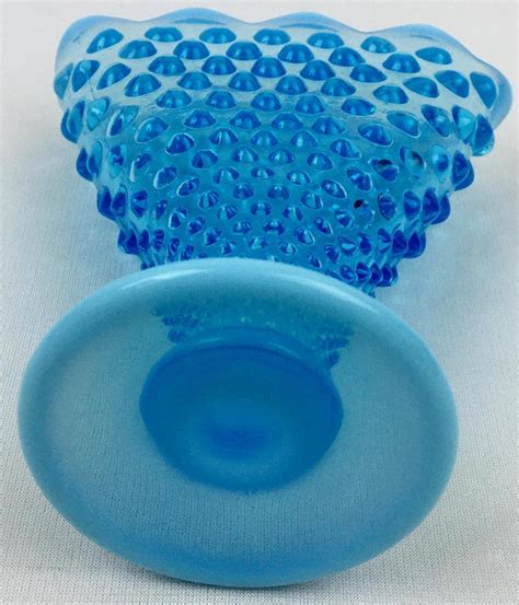 Lot Vintage Fenton Glass Blue Opalescent Hobnail Fan Vase 625 Tall