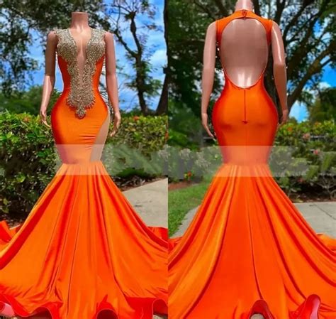 Orange Mermaid Orange Mermaid Prom Dresses With Applique Beading Sheer