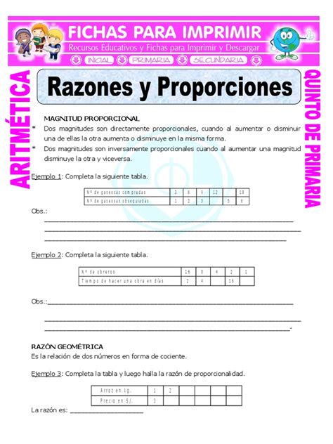 Razones Y Proporciones Para Quinto De Primaria Pdf Enseñanza De Matemática Matemática