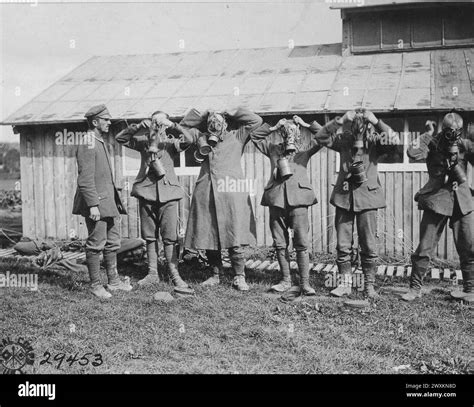 German Prisoners Of War Having A Gas Mask Drill At A Prison Camp Near