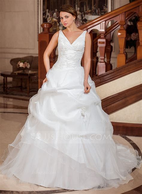 Ball Gown V Neck Chapel Train Taffeta Organza Wedding Dress With Ruffle