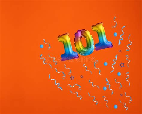 Multicolor Balloon Number 101 Confetti Explosion On Orange Background