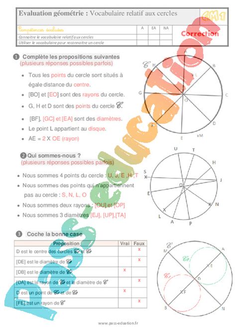 Vocabulaire relatif aux cercles Évaluation bilan 4eme Primaire