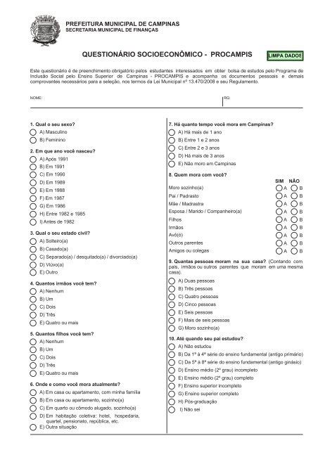 questionário socioeconômico procampis Prefeitura Municipal de