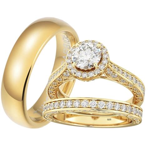 His And Hers Matching Gold Tone Wedding Couple Rings Set