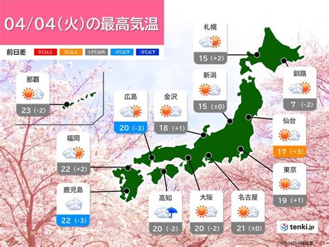 4日の天気 全国的に晴れる貴重な一日 花見にも最適な陽気 あす5日から天気下り坂気象予報士 小野 聡子 2023年04月04日 日本