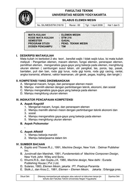 Silabus Mata Kuliah Elemen Mesin PDF