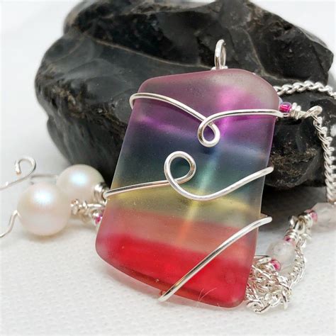 Rainbow Sea Glass Necklace Silver Wire Wrap Pendant Swarovski Crystal Jewelry Etsy Sea