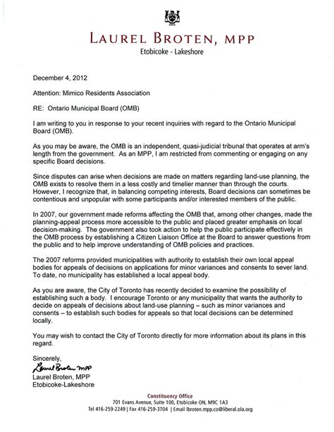 Letter To MRA From MPP Laurel Broten Re Ontario Municipal Board