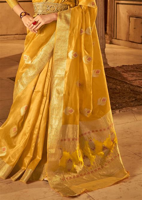 Pure Handloom Banarasi Tissue Silk Yellow Saree Sunasa