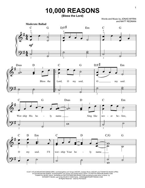 10 000 Reasons Bless The Lord By Matt Redman Sheet Music For Easy