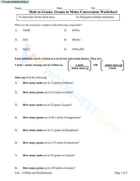 Free Mole To Grams Grams To Moles Conversions Worksheets