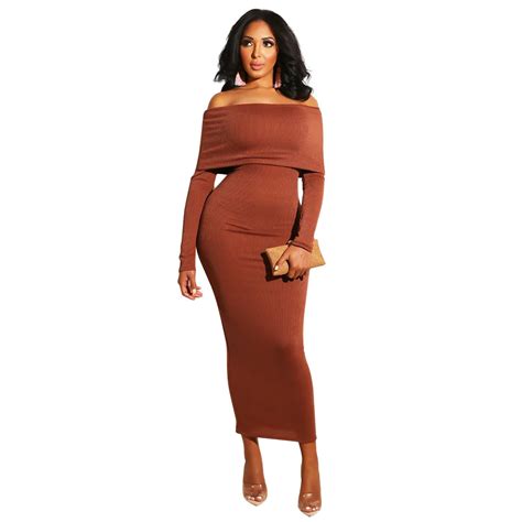 Solid Bodycon Maxi Dress Women Casual Long Sleeve Sexy Off Shoulder Slash Neck Slim Women Dress