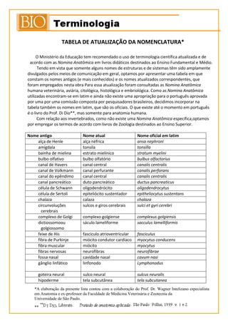 Tabela De Atualizao De Nomenclatura Anatomica Pdf