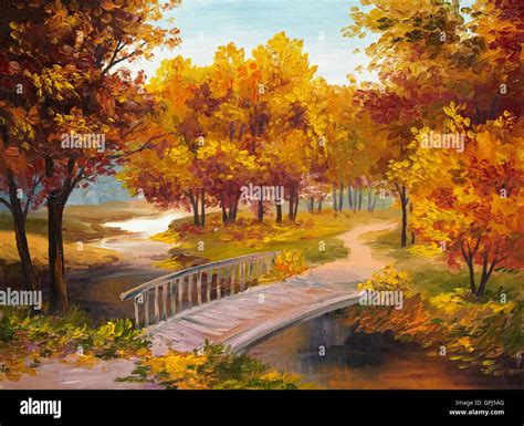 Oil Painting - autumn forest with a river and bridge over the river, bright red leaves, colorful ...