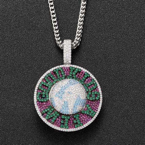 Iced Out Afgk Rotatable Earth Round Necklace A Cz Stone Paved Bling