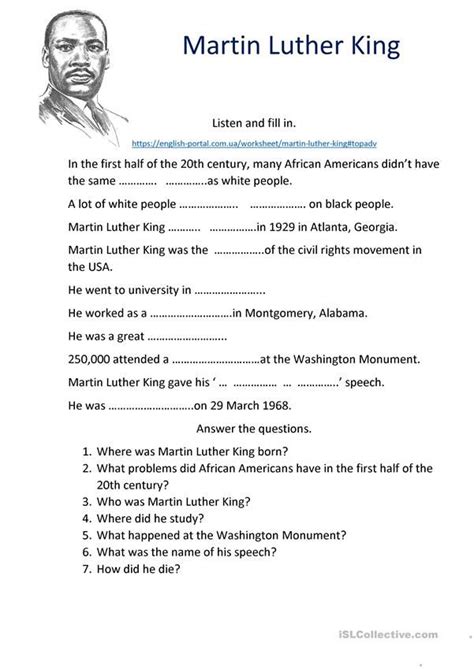 Martin Luther King Listening English Esl Worksheets For Distance Learnin Martin Luther