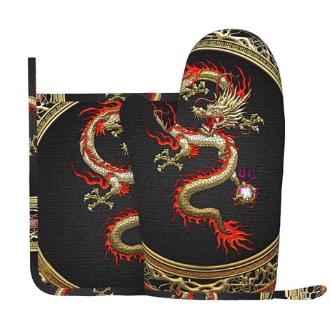 Golden Chinese Dragon Fucanglong On Black Oven Mitts Pot Holders Set