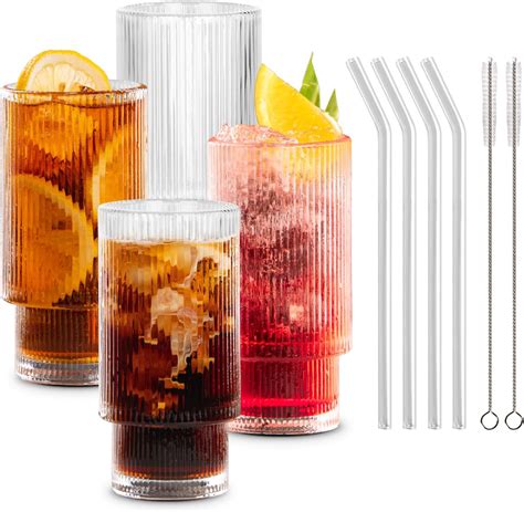 Combler Glass Cups With Straws Drinking Glasses Set Of 4 11oz Cute Ribbed