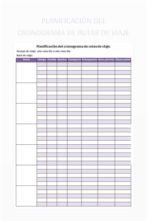 Plantilla De Formato Excel Planificación Del Cronograma De Rutas De Viaje Y Hoja De Cálculo De