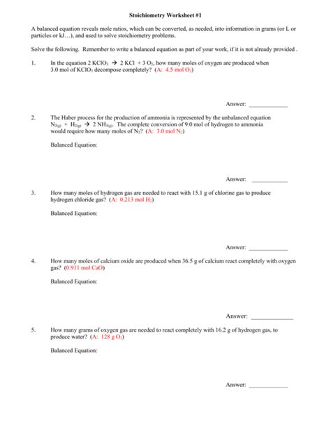 Stoichiometry Worksheet 1