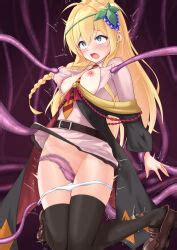 Issyu Kann Priestess Goblin Slayer Goblin Slayer Arm Grab Highres 1boy 1girl Blonde
