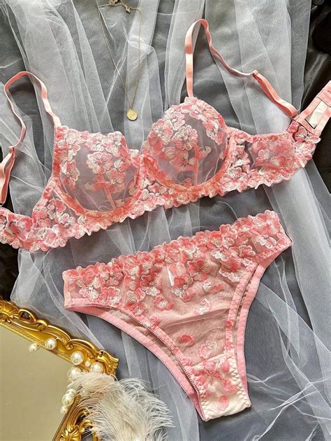 Pcs Women Sexy Lingerie Set Pink Floral Embroidery Mesh Sheer Thin Bra Intimate Bedroom