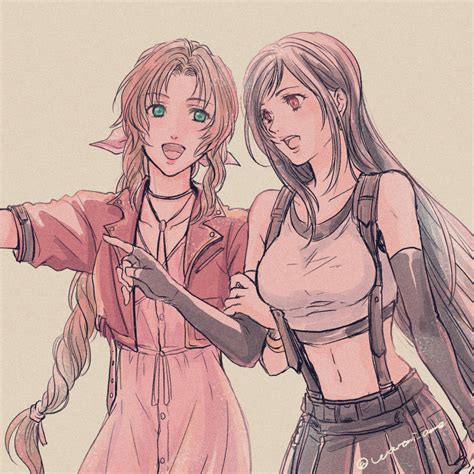 Safebooru 2girls D Aerith Gainsborough Aqua Eyes Arm Grab Bangs Black Gloves Breasts Brown