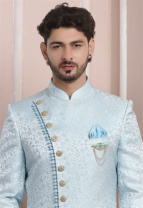 Buy Woven Art Silk Jacquard Asymmetric Sherwani In Sky Blue Online