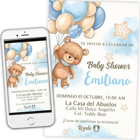 Invitacion Baby Shower Osito Oso Azul Digital Personalizada Meses Sin