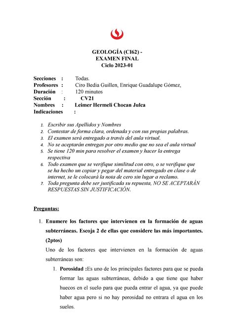 Examen Final DE Geologia UPC 2023 1 CV21 GEOLOGÍA CI62 EXAMEN