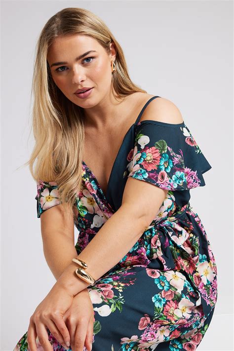 Yours London Plus Size Blue Floral Print Cold Shoulder Wrap Dress