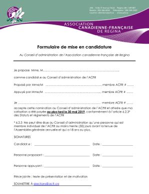 Fillable Online FORMULAIRE DE MISE EN CANDIDATURE Csda Ca Fax Email