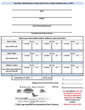 Fillable Online Portalice Port Alice 50th Reunion T Shirt Order Form