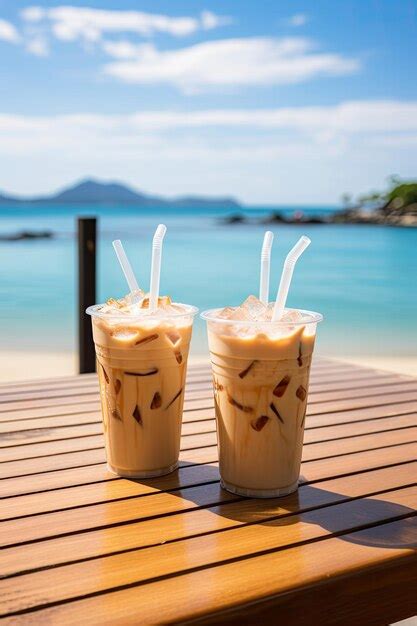 Premium Ai Image Two Iced Coffees Are Placed On A Wooden Table With A