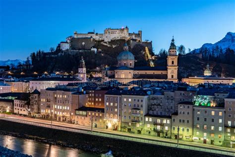 Salzburg by Night Panoramic View with the Salzburg Fortress and Stock ...