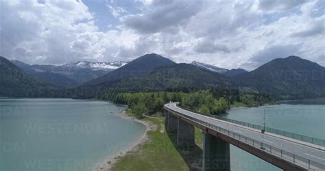 Bridge Over Mountain Lake Reservoir Sylvenstein Bavaria Germany